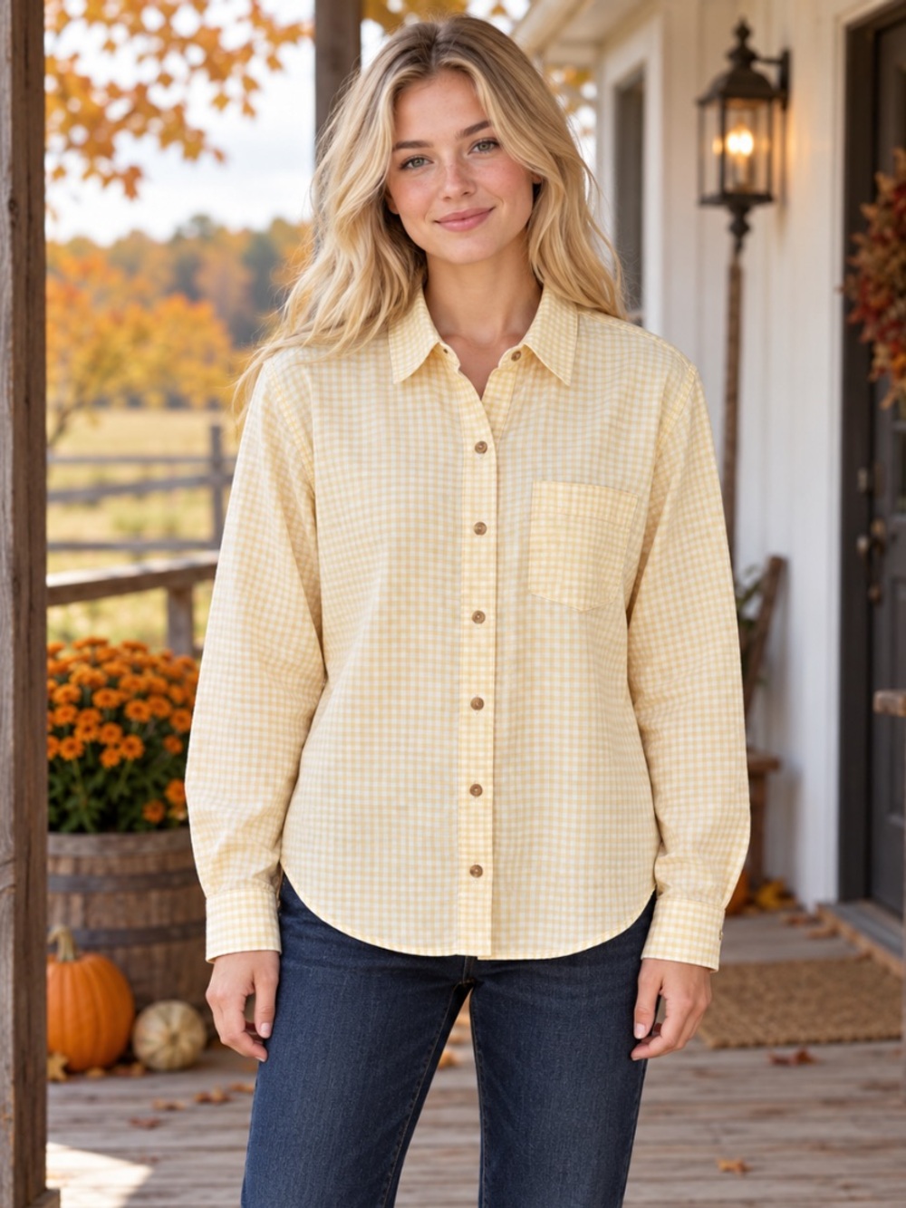 LL Bean Womens Large Yellow Gingham Cotton Button Down Shirt Long Sleeve Casual